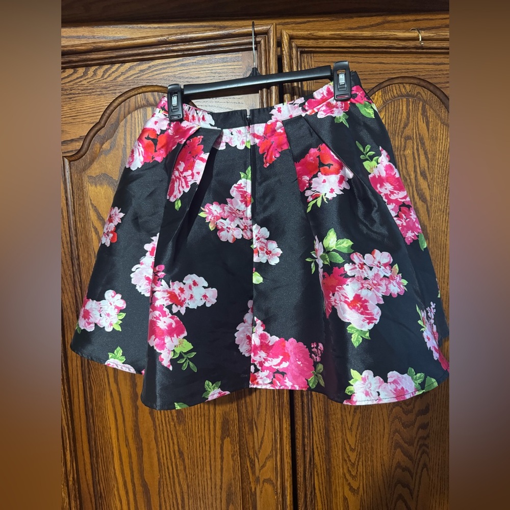 B Darlin Black and Pink Floral A-Line Skirt
